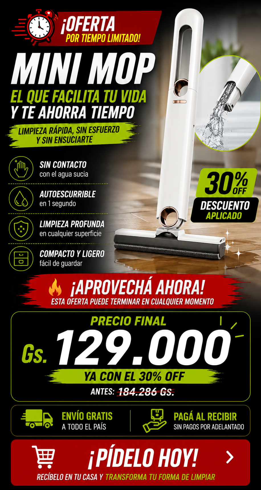 Mini Mop Autoescurrible: limpiá rápido sin ensuciarte las manos
