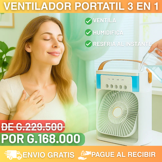 VENTILADOR PORTATIL 3 EN 1 – ENFRÍA, HUMIDIFICA Y REFRESCA